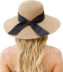 Womens Wide Brim Sun Hat with Wind Lanyard UPF Summer Straw Sun Hats One Size - Picture 1 of 12