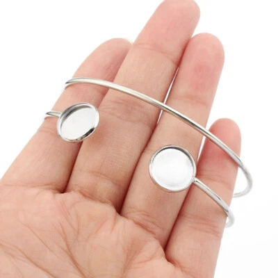2Pcs Fit 12mm Round Glass Cabochon Bracelet Stainless Steel Blanks Cuff Bangles - image 1 of 4