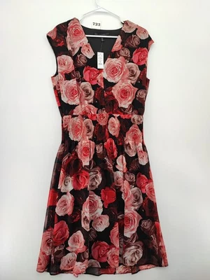 White House Black Market Soft Ruched Waist Romantic Rose Black Dress Size M - Image 1 of 4