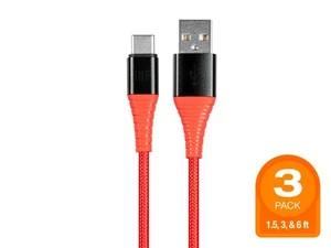 Monoprice USB 2.0 C to A Cable 1.5ft/3ft/6ft Red (3 Pack) Data Sync Charger Cord - Picture 1 of 6