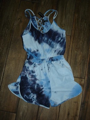 NEW Derek Heart romper women's (M) one piece blue/white tie-dye shorts medium - Image 1 of 4