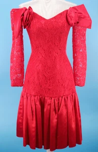 Vtg Women's 80s Red Lace Drop Waist Cocktail / Prom Dress XS/S 1980s Roberta - Picture 1 of 21