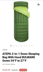 Atepa BULWARK 300 3 in 1 Daunenschlafsack mit Kapuze grün 54-27 Grad Neu ohne Tasche - Bild 1 von 3