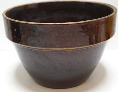 ANTIQUE STONEWARE CROCK BOWL BROWN GLAZE KITCHEN DOUGH MIXING 9.5in POTTERY - Image 1 of 4