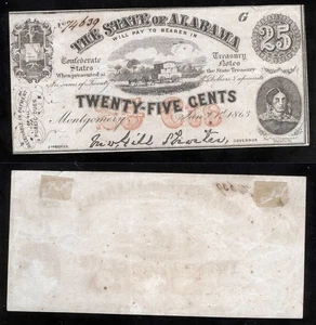 Jan 1863 State of Alabama 25¢ Obsolete Bearer Note s/n 74639 Signed - Picture 1 of 1