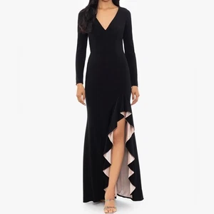 XSCAPE Evenings “Trudy” Long Sleeve Ruffle Evening Dress Black/Nude Womens Sz 16 - Picture 1 of 9