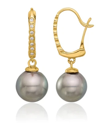 14K Solid Yellow Gold 8mm Black Round Tahitian Saltwater Cultured Pearl Diamo... - Image 1 of 4