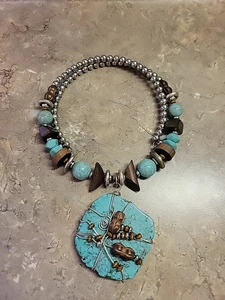 Chunky Vintage Wooden Necklace Beaded Turquoise Multi Shapes Geometric Boho - Picture 1 of 4