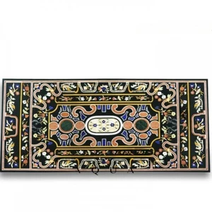 marble inlay dining Black Top inlay Marble Table Top Semi Precious Stones Handma - Picture 1 of 5