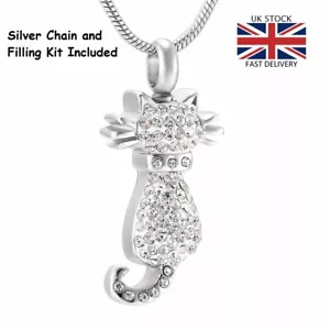 Cat Kitten Pet Cremation Urn Pendant Ashes Silver Necklace Funeral Memorial UK - Picture 1 of 5