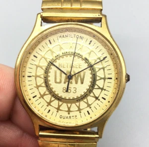 Vtg Hamilton UAW Retiree Watch Men 34mm 9812 Gold Tone Stretch Band New Battery - Picture 1 of 14