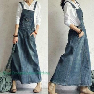 Women's Loose Denim Full Length Dress Maix Suspender Jean Dress Retro New - Picture 1 of 12
