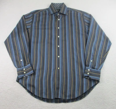 Neiman Marcus Shirt Mens M Blue Yellow Striped Long Sleeve Button Up Flip Cuff - Image 1 of 4