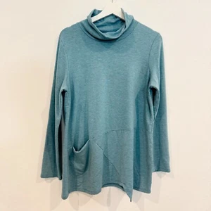 Pure Jill Luxe Tencel Long Sleeve Asymmetrical Lagenlook Blouse Top Blue Medium - Picture 1 of 7