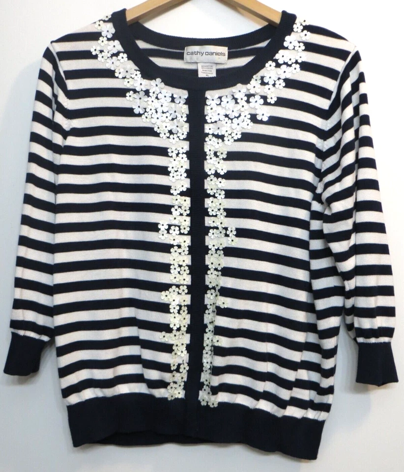 Suéter Cathy Daniels Mujer XL Rayas Floral Manga 3/4 Adornado Lentejuelas Foto 1 de 4