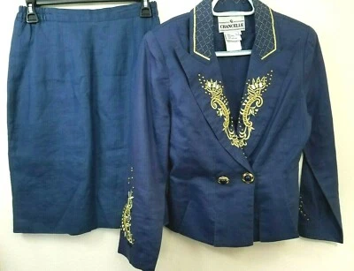 Traje Falda Azul Vintage Talla 6 Oro Bordado Cuentas Chancelle HERMOSO Foto 1 de 4