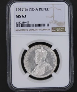 1917 (B) India Rupee Silver George V Bombay Mint NGC MS 63 SW-8.39 - Picture 1 of 4