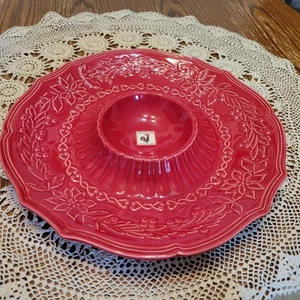 Bordallo Pinheiro Red Poinsettia Chip and Dip Platter with Label Portugal - Picture 1 of 5