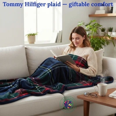 Tommy Hilfiger Twin Reversible Plaid Blanket 60"x90" Devon Tartanblue Gift - Image 1 of 4