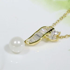P1048 Weiß Gelbgold vergoldet Damen Modeschmuck Halskette Perle CZ Anhänger - Bild 1 von 7