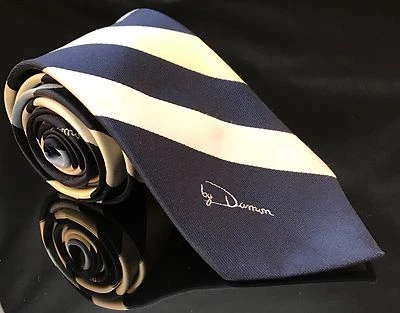 Corbata de cuello Damon blanca azul firmada de seda para hombre a rayas clásica rara Foto 1 de 4