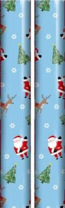 8m (2 x 4m) Cute Christmas Gift Wrap Paper Roll - Blue with Santa Reindeer Tree - Picture 1 of 1