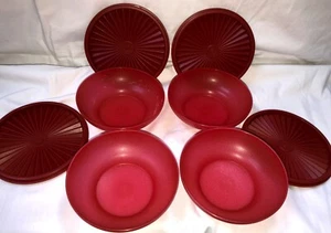 Tupperware Set 4 (8Piece) RED BOWLS Salad Cereal Servalier Push Top Seals - Picture 1 of 8