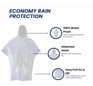 Rain Cover One Size Fits All Clear Polyethylene Waterproof Rain Poncho with Hood - Picture 1 of 12