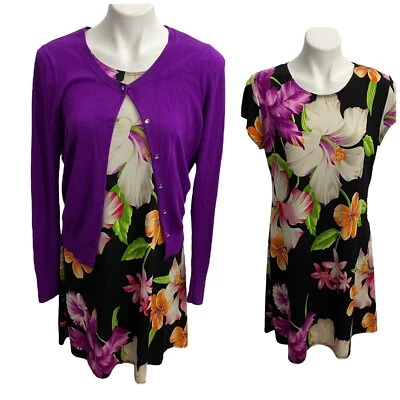 Tiana B Dress Womens Large Floral Knit Shift Purple Cardigan Tropical Office - Image 1 of 4