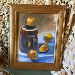 Vintage Still Life Original Art Yellow Red Apples Brown Crockery Framed Painting - Picture 1 of 8