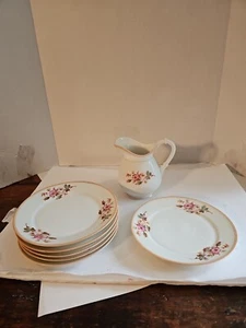 Vintage Porcelain Milk Pitcher Floral Pattern 5" Tall With 6 Desert Plates - Picture 1 of 14