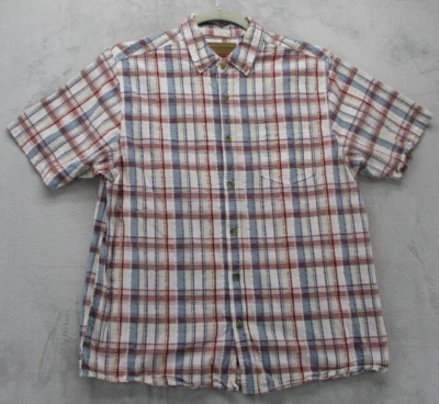 Camisa abotonada ClearWater Outfitters azul marfil rojo cuadros geométricos 100 % algodón Foto 1 de 4
