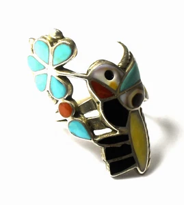 Sterling Silver Hummingbird Inlay Turquoise Coral MOP Ring 36mm Size 6-1/2 - Picture 1 of 6