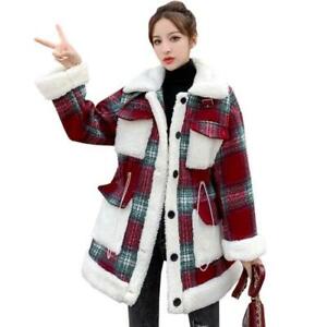 Women's Korean Style Plaid Wool Lamb Coat Winter Warm Button Casual Overcoat Luc