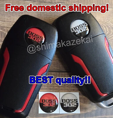 2x LOGO Ford Mustang Boss 302 red/grey key FOB emblems, 14mm resin sticker - Image 1 of 2