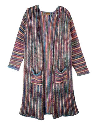 POL Women M Cardigan Chunky Knit Rainbow Stripe Duster Longline Open Front - Image 1 of 4