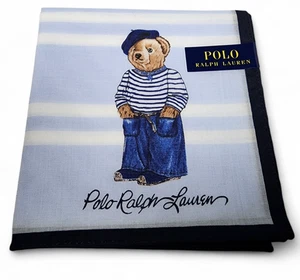 Polo Ralph Lauren Bear Hankie Light Blue Stripe Handkerchief 100% Cotton 49 cm - Picture 1 of 4