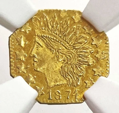 1874 CALIFORNIA FRACTIONAL GOLD 25C INDIAN OCTAGONAL BG 795 NGC MS 64 - Image 1 of 4