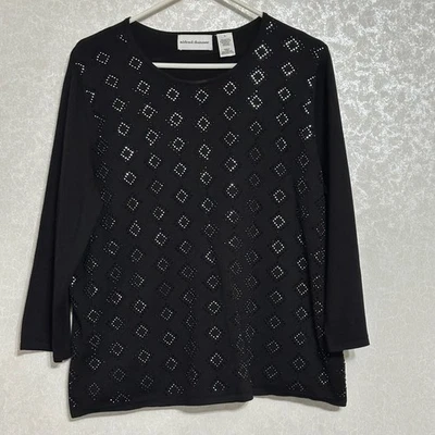 Alfred Dunner Black Rhinestone Embellished Diamond Pattern 3/4 Sleeve Top Sz L - Image 1 of 4