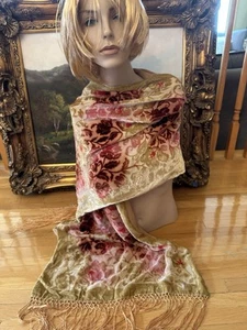 VNTG OSCAR DE LA RENTA VELVET DEVORE SCARF SHAWL WRAP BOHO FRINGED 86”X20” - Picture 1 of 24