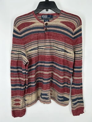 Polo Ralph Lauren Linen Silk Blend Henley Sweater Striped Crewneck Womens Large - Image 1 of 4