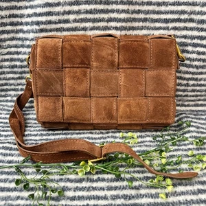 Umhängetasche echt italienisches Leder cognac geflochten Wildleder wandelbar Clutch - Bild 1 von 9