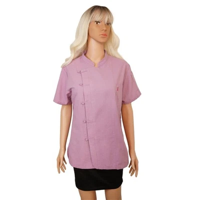 Traditional Pink Mingchufushi Short-Sleeve Chef Coat With Mandarin Collar & Side - Image 1 of 4