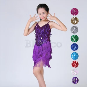 Children's sequin tassel dress Latin dance girl suspender V-neck dress - Picture 1 of 20
