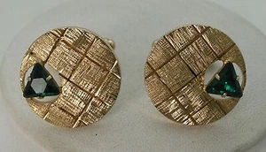 Gold Tone 1" Round Textured Dome Front Cufflink Green Tourmaline Triangle Stones - Picture 1 of 5