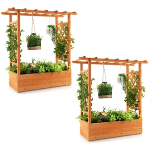 2PCS Raised Garden Bed Planter Box w/Side & Top Trellis for Vine Climbing Plants - Picture 1 of 10