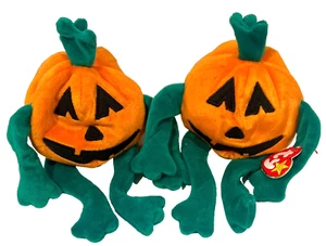 Halloween Vintage TY Beanie Baby PUMKIN La Zucca 1998 Set di 2 Peluche Coppia - Foto 1 di 7