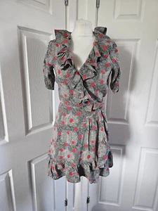 Topshop Kate Moss Grau Rot Schlange Gepunktet Mini Wickelkleid Rüschen UK 10 EUR 38 - Bild 1 von 15