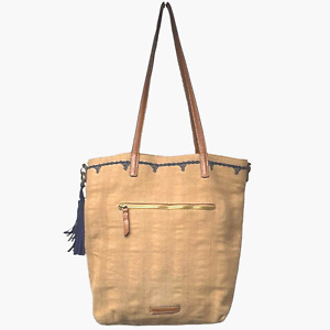 Lucky Brand Tan Linen Blend Woven Tote Embroidered Detail