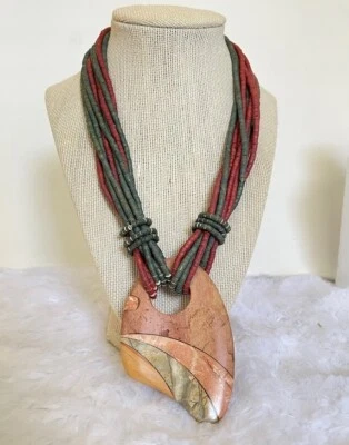 Collar de cuentas de jaspe y madera declaración 18" 3,5" colgante de jaspe multicolor Boho Foto 1 de 3